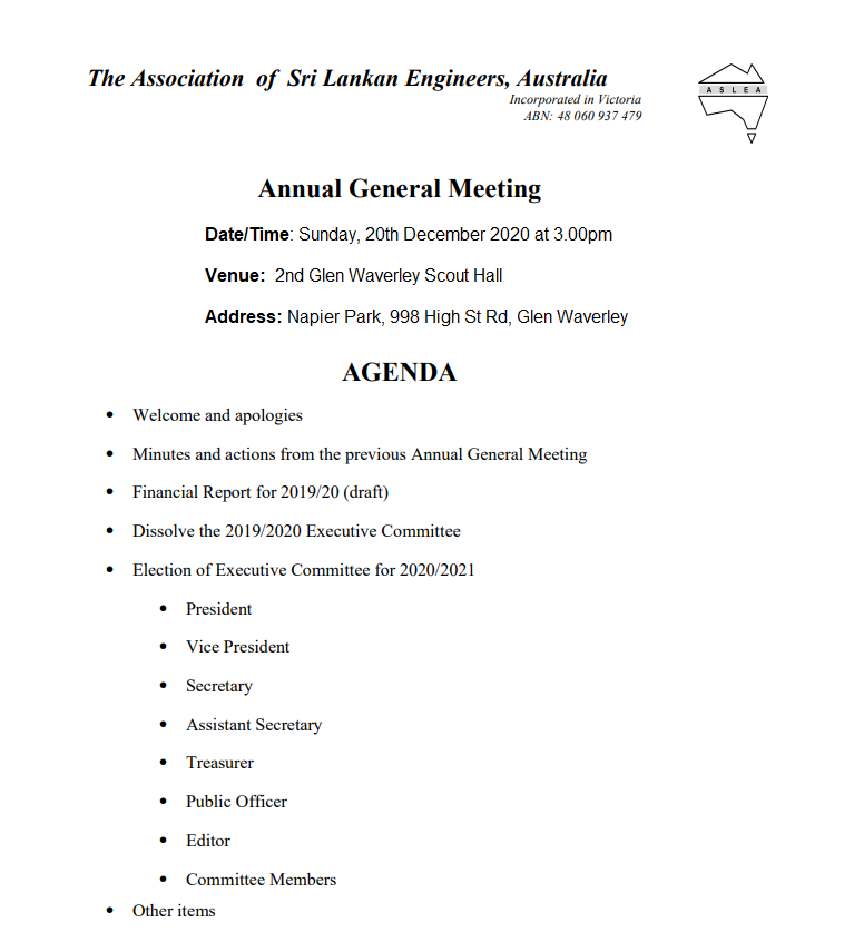 ASLEA : Annual General Meeting 2020